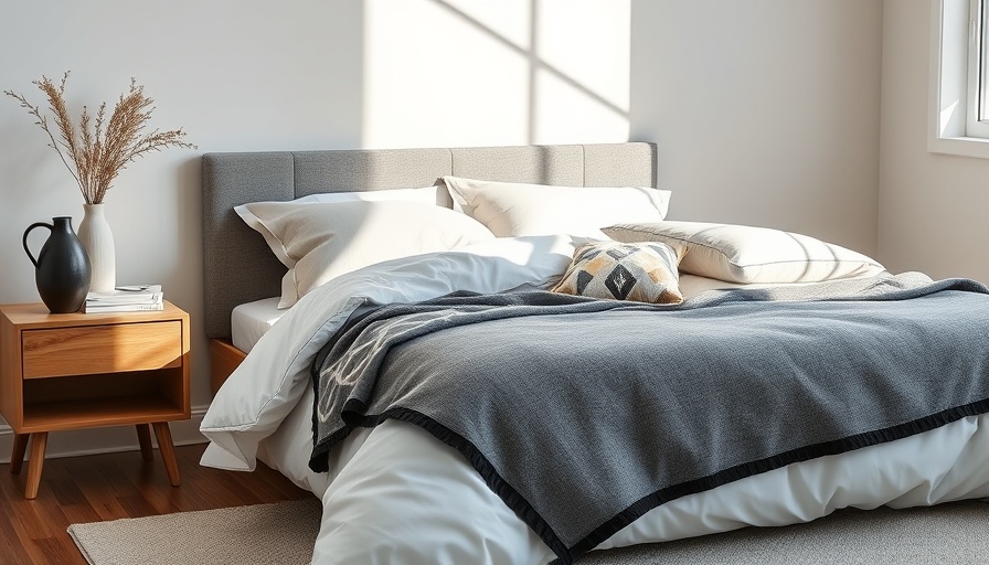 New bedding trends 2025: modern bedroom with geometric throw.