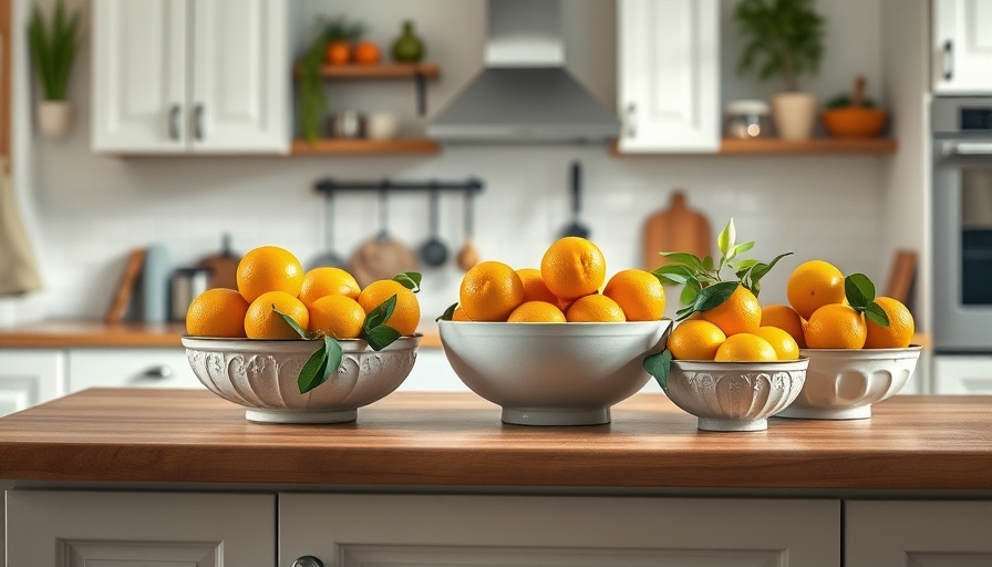 Vibrant kitchen with DIY citrus decor hack features on countertop.