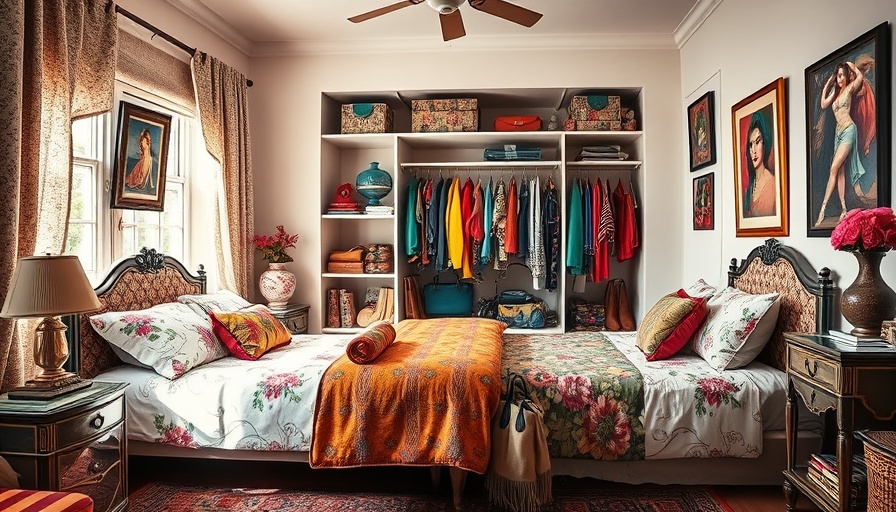 Colorful DIY bedroom storage hack with open wardrobe.