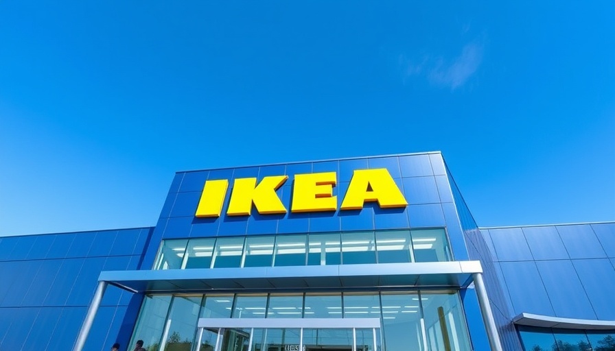 A bright blue modern IKEA building with yellow logo against a clear sky.