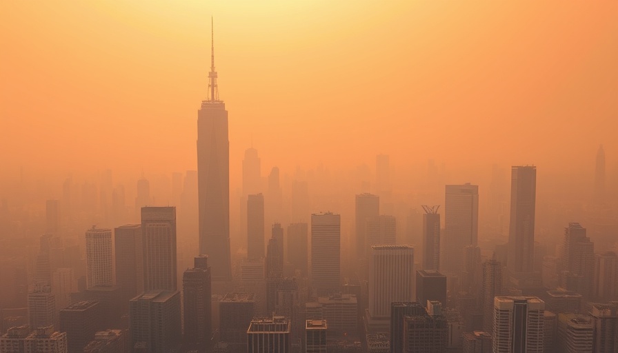 Urban skyline shrouded in orange haze, symbolizing air pollution and global warming.
