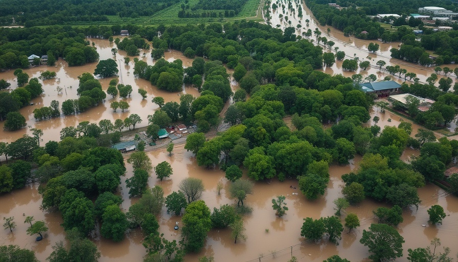 Aerial view of Texas flood risks with submerged land and trees.