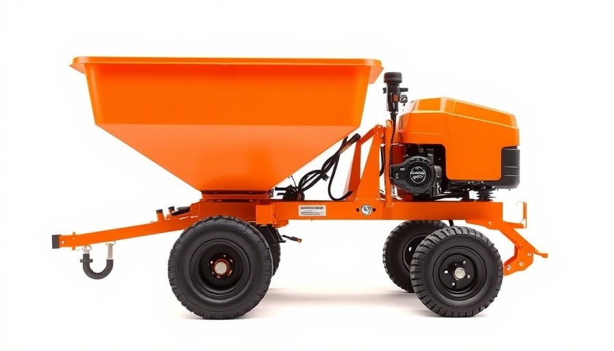 Orange zero turn electric spreader in a studio setup.