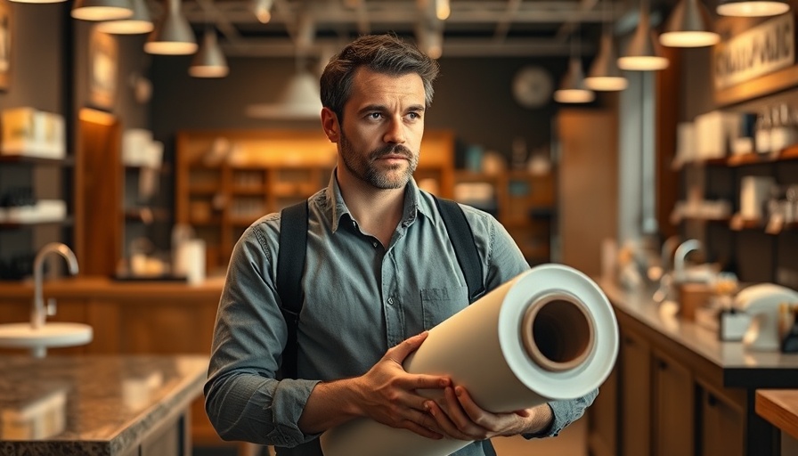 Man demonstrating countertop protection material in showroom.
