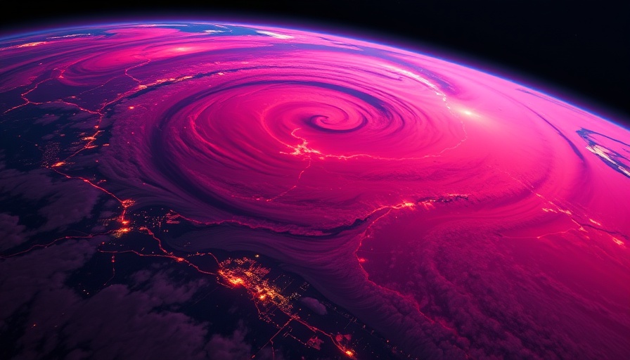 Geoengineering and cloud seeding visualized in colorful satellite image.