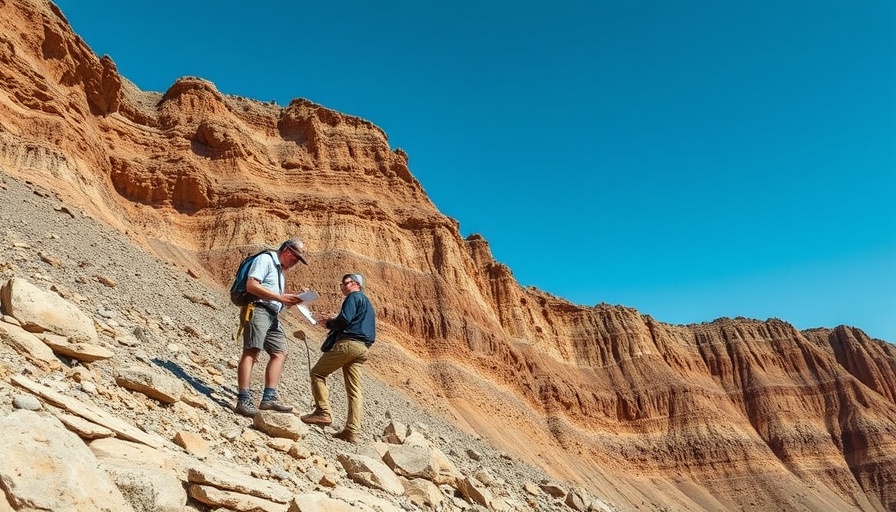 Researchers examining geological layers, steep hillside under blue sky, Mars Earth planetary cycle climate change.