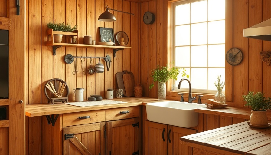 Rustic DIY kitchen with warm wood cabinets and vintage decor.