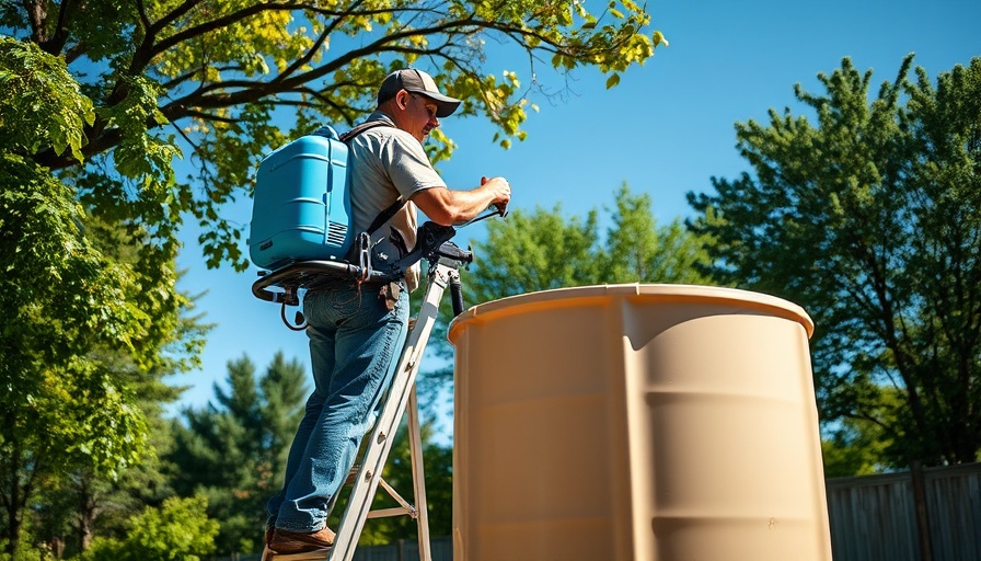 Person using Titan backpack paint sprayer outdoors on ladder by large container.