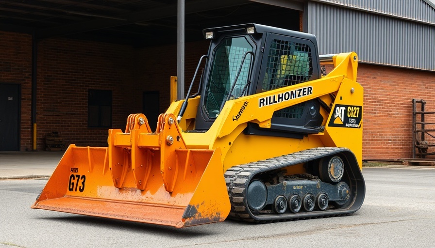 G73 Grader Blade attached to compact track loader in industrial setting.
