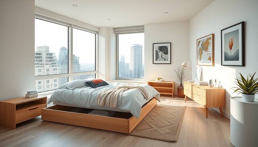 Modern bedroom with under-bed storage solutions and city view.