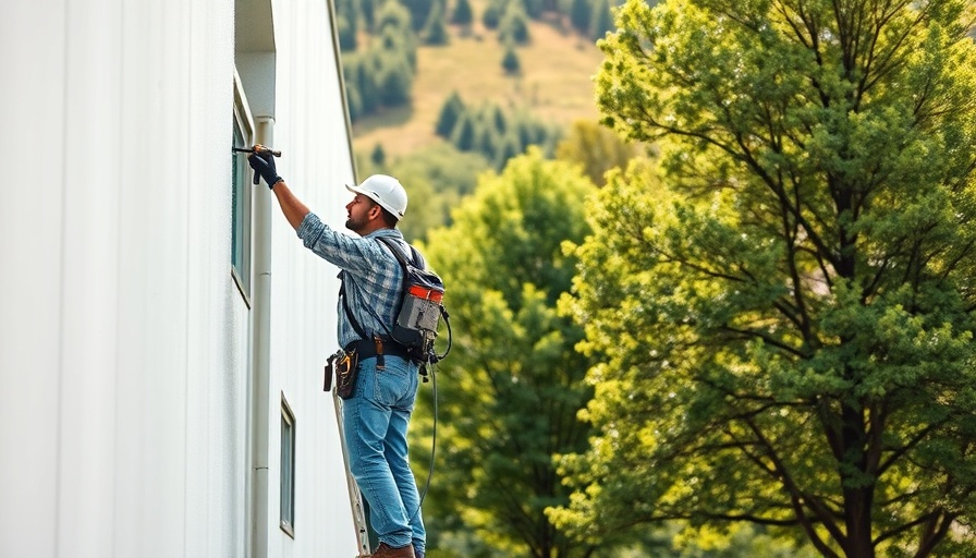 Contractor using innovative paint sprayer on wall outdoors