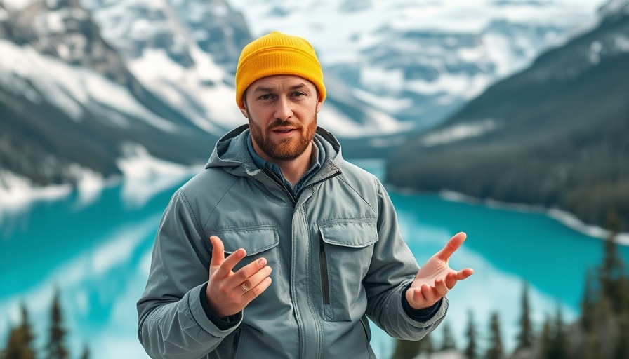 Man discussing climate issues in a mountainous landscape.