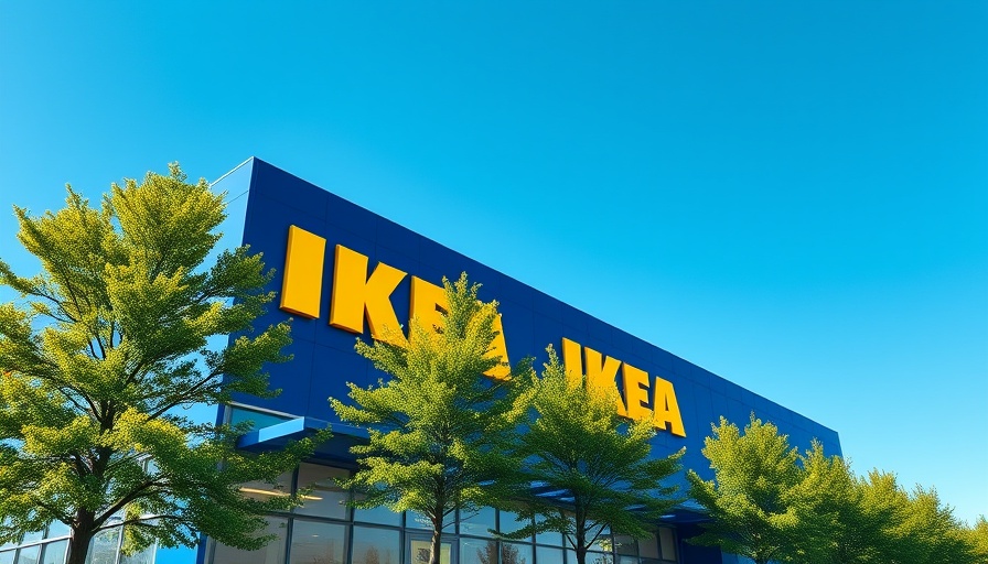 IKEA store with modern design and large yellow logo, clear sky.