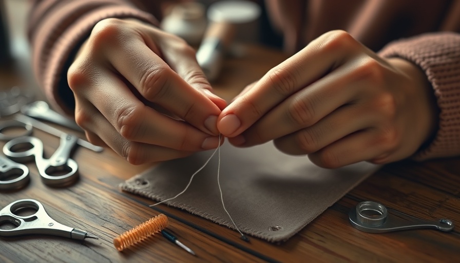 Crafting hands threading a needle close-up, warm light and wooden surface.