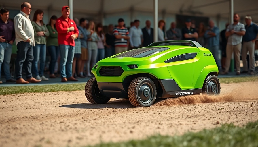 Automated lawn mower at Equip Expo technology event.