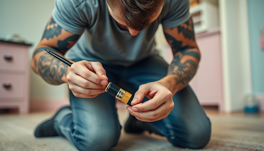 Tattooed man using paint brush holding magnet in room.