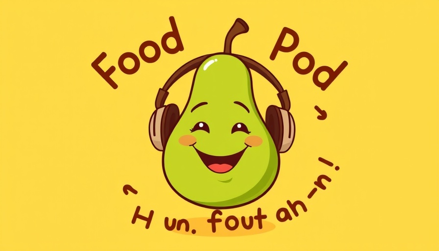 Smiling cartoon pear wearing headphones with 'Food Pod for Humanity' text.
