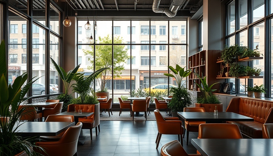 Modern café interior highlighting commercial renovations with greenery and wood.