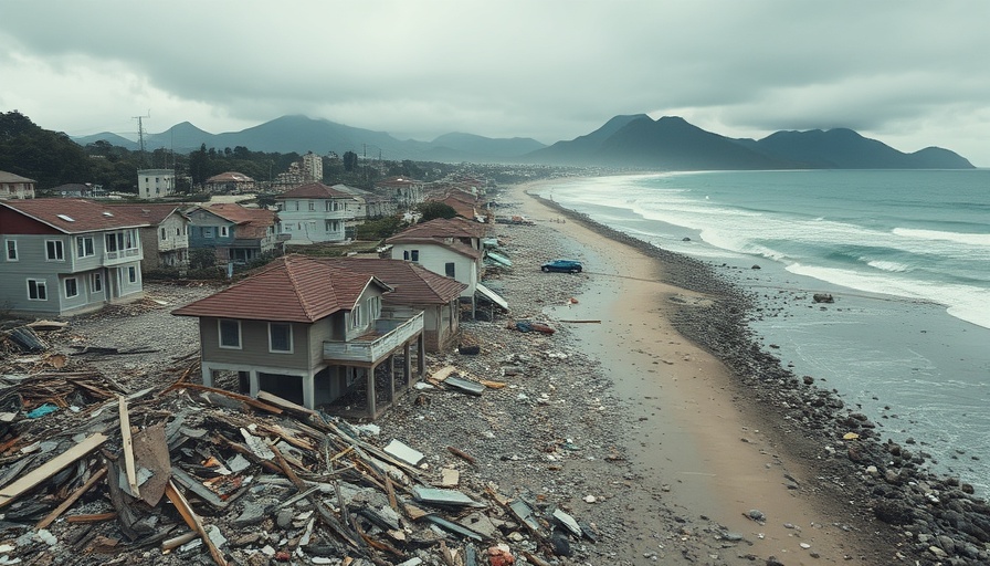 Tsunami aftermath showing debris in destroyed coastal town.