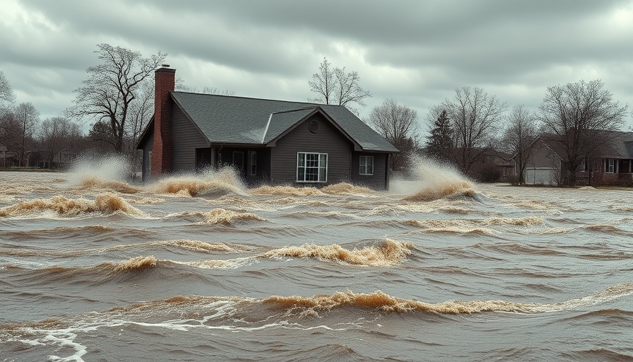 Suburban house in flood showing climate resilience challenges.