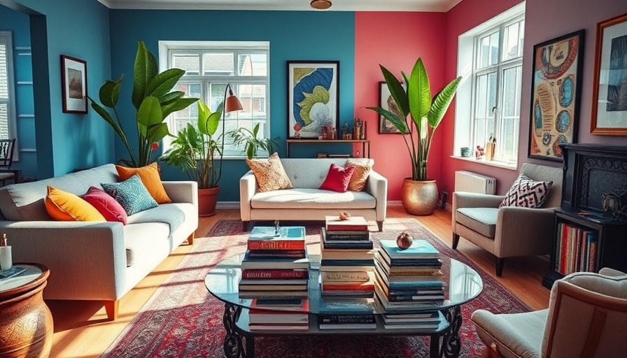 Eclectic living room showcasing vibrant decor, featuring a faux book cord cover.