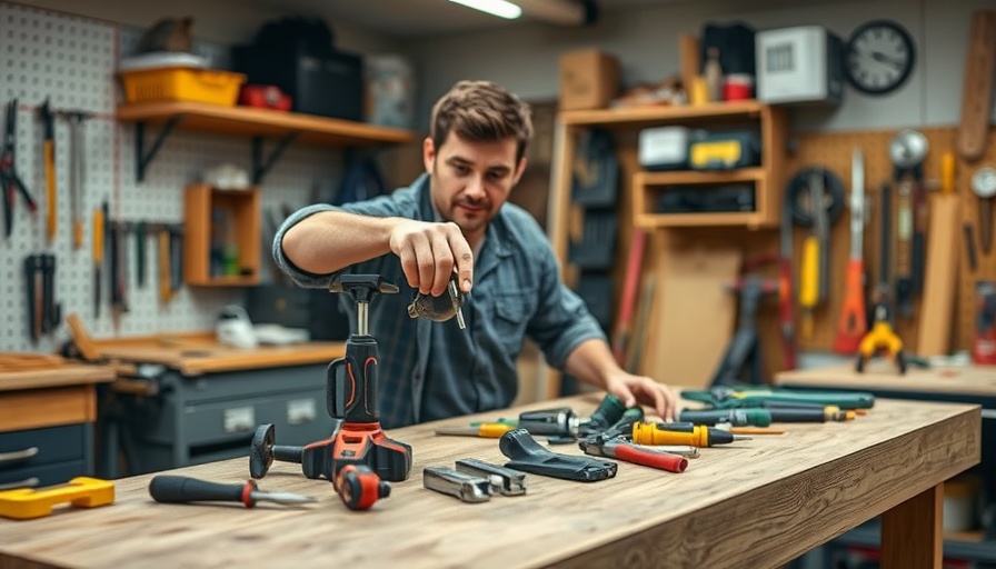 Person demonstrating work bench accessory indoors.