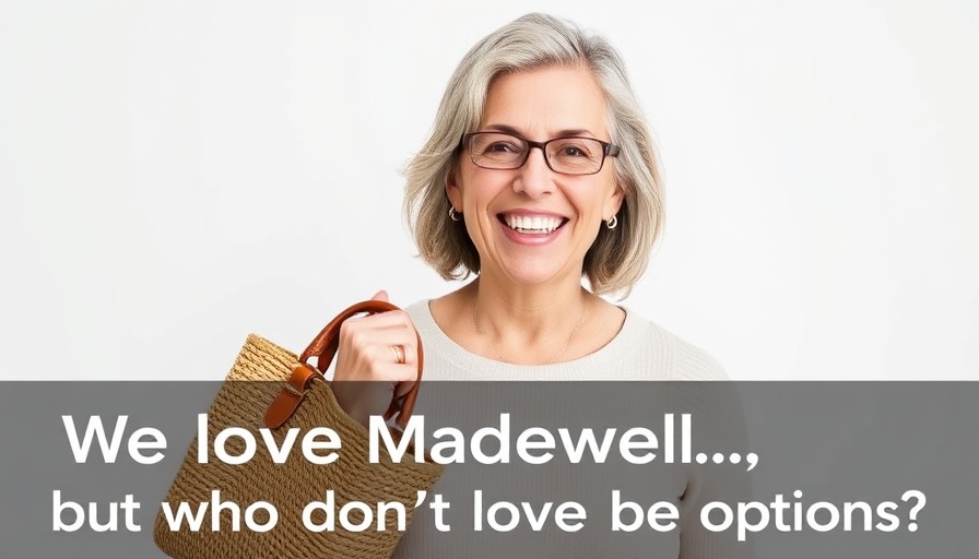 Smiling woman with woven bag promoting brands like Madewell.