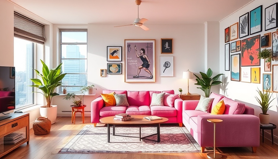 Stylish apartment living room with pink sofa and decor, ideal for portable AC.