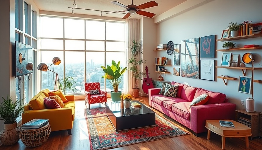 Vibrant living room with eclectic decor and large windows.