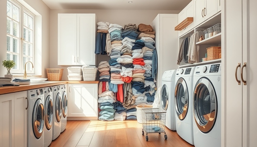 Organized laundry room with clothes pile and appliances.