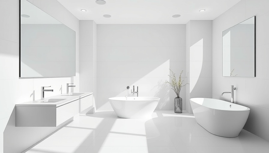 Modern bathroom design with dual sinks and bathtub.