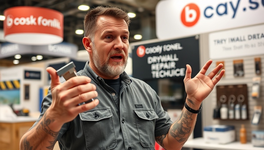 Man showcasing drywall repair techniques at a trade show.