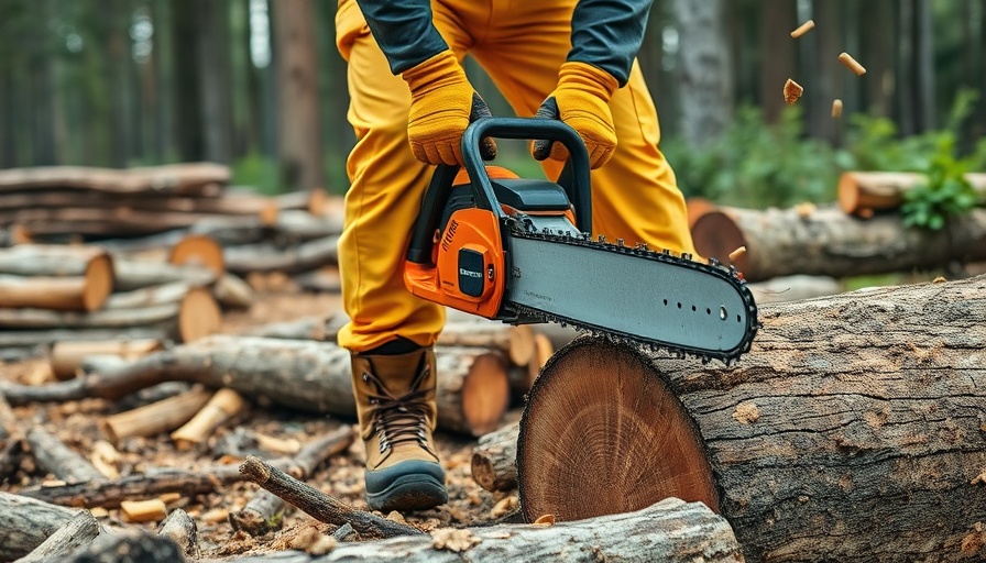 Worker cutting logs with chainsaw wearing safety boots in forest, highlighting importance of safety.