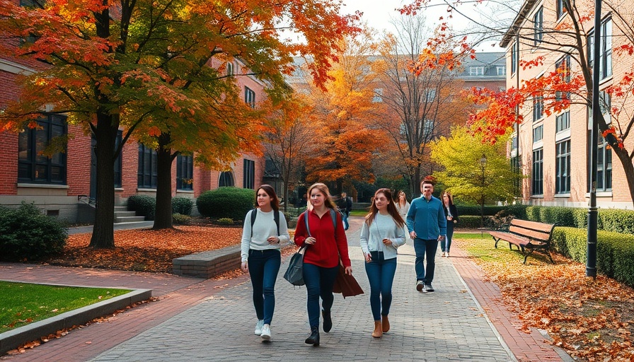 University campus with students and autumn leaves, Columbia Climate School setting.