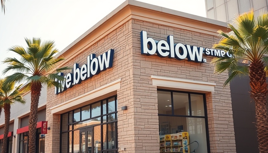 Exterior view of a Five Below store with stone facade and palm trees.