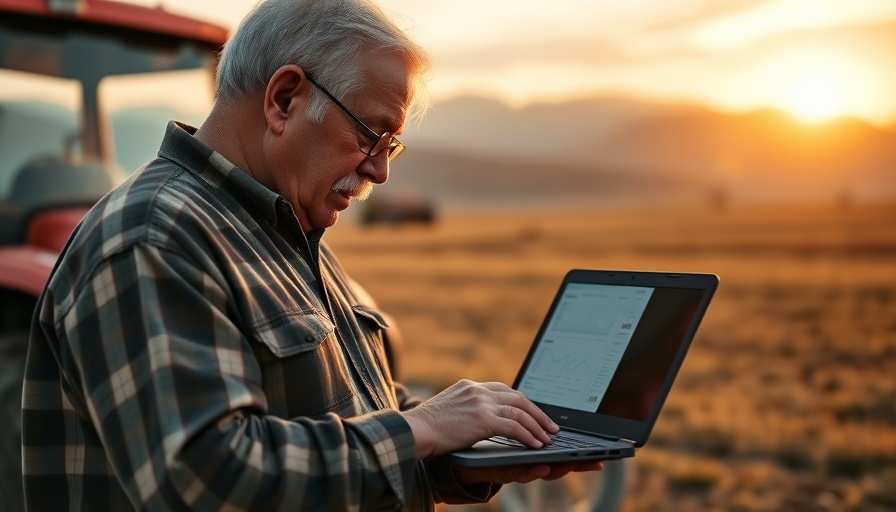 Elderly man uses laptop with John Deere Operations Center PRO Service.