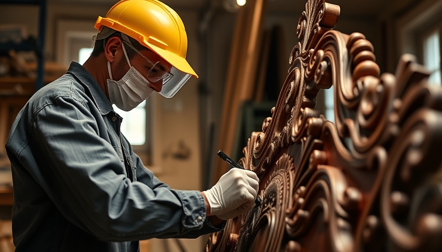 Artisan applying primer to ornate wooden furniture in workshop