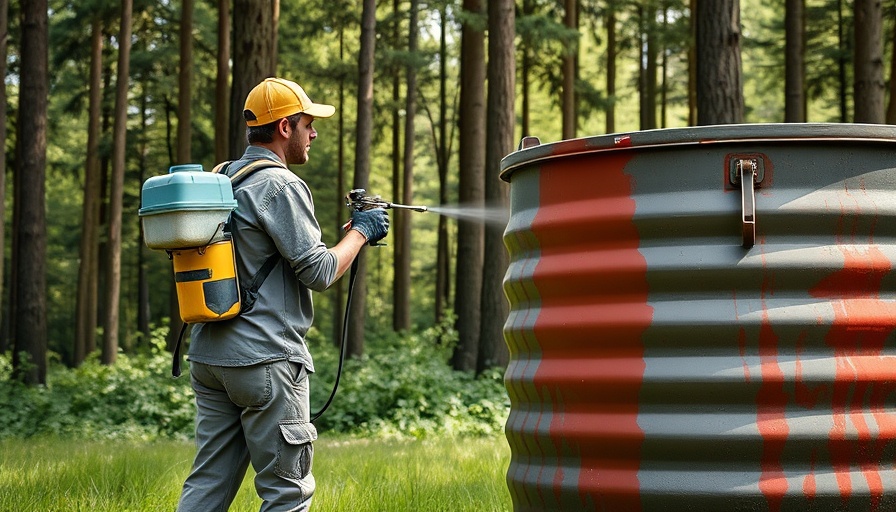 Painter with backpack paint sprayer working on container in forest
