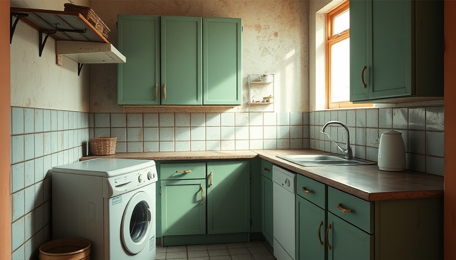 Worn-out 1950s kitchen with aged cabinets and vintage appliances.