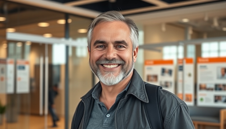 Smiling man in a showroom, modern glass doors, building a single-storey extension.