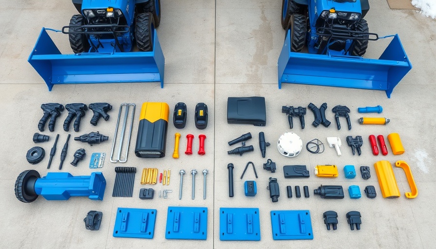 Snow removal machines and replacement parts on concrete.