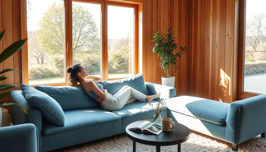 Cozy lounge with blue sofa and woman relaxing, highlighting Labor Day Sale Discounts.