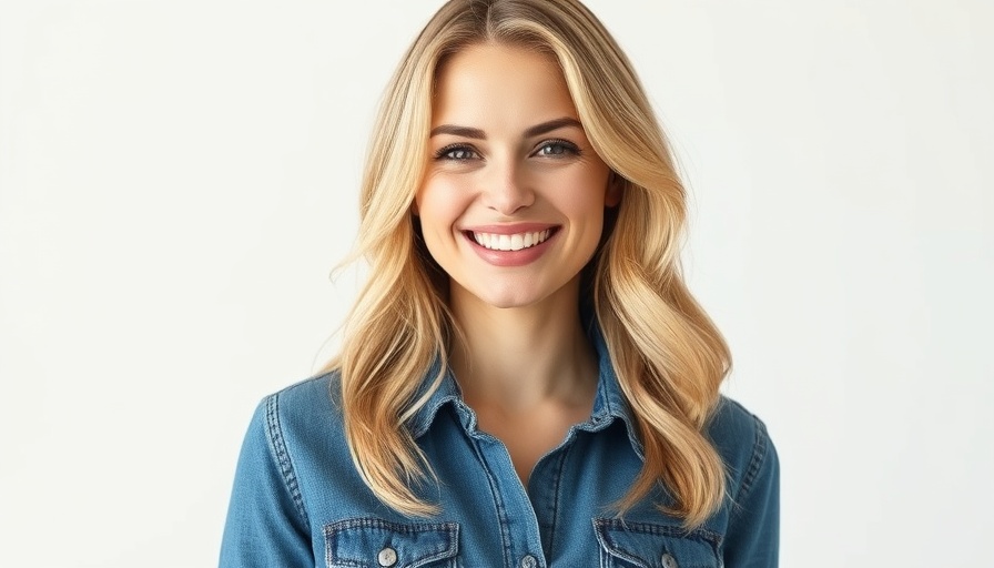 Smiling woman turning 46 years old, wearing denim, portrait shots.