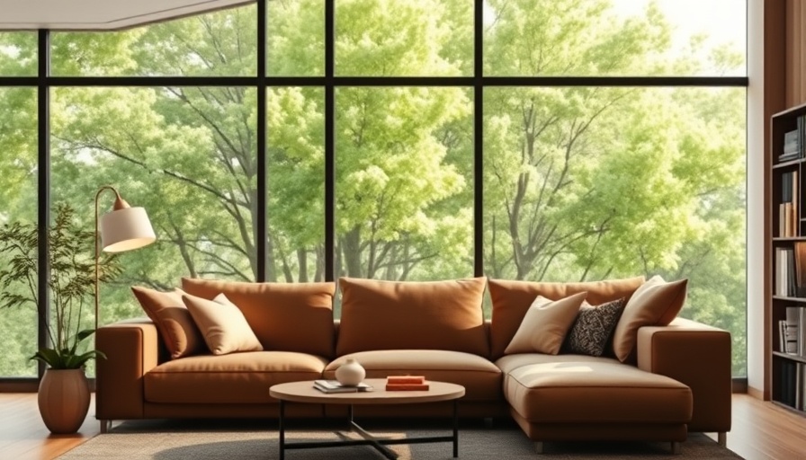 Cozy modern living room with a large brown sofa and cushions.