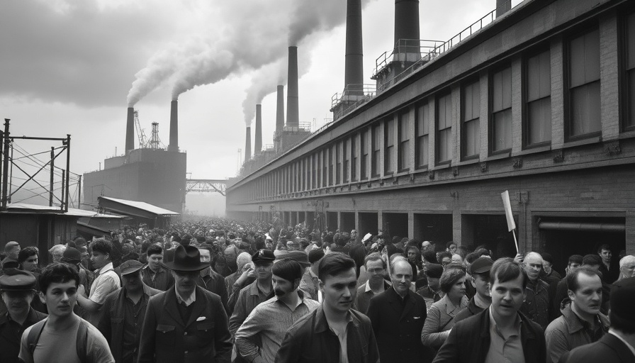 Historic photo of crowd leaving a factory, depicting Labor Day history.