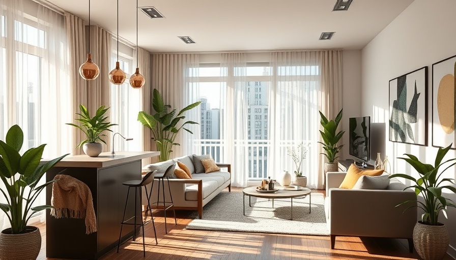 Cozy modern living room with bar stools and plants, highlighting Post-Labor Day Sales.