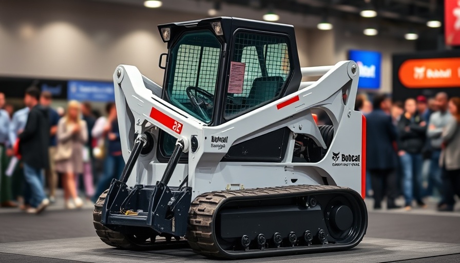 Sleek modern Bobcat compact track loader at indoor exhibition.