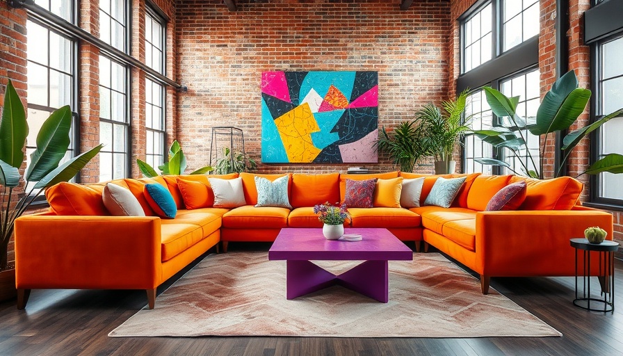 Stylish and colorful living room with modern decor and natural light.