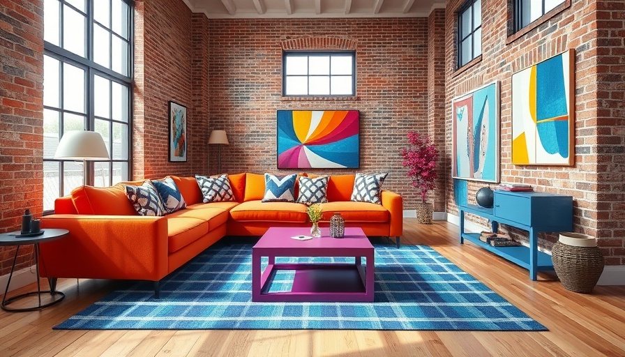 Modern living room with vibrant decor including colorful furnishings.
