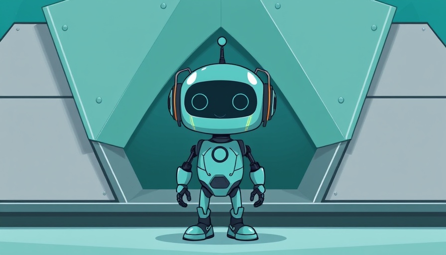 Cartoon teal robot with geometric backdrop in simplified design.